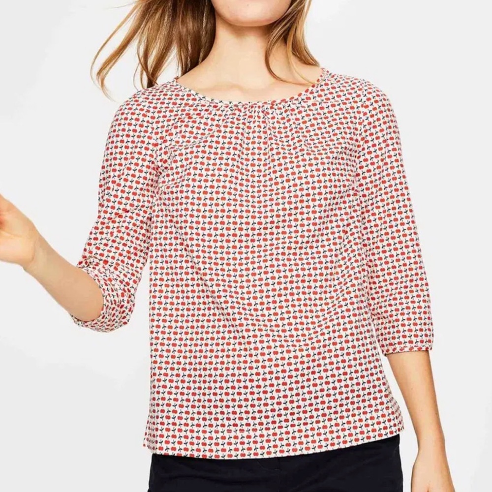 Boden Yvonne Top Size 14 (US) White Button Back Apple Print Shirt Blouse